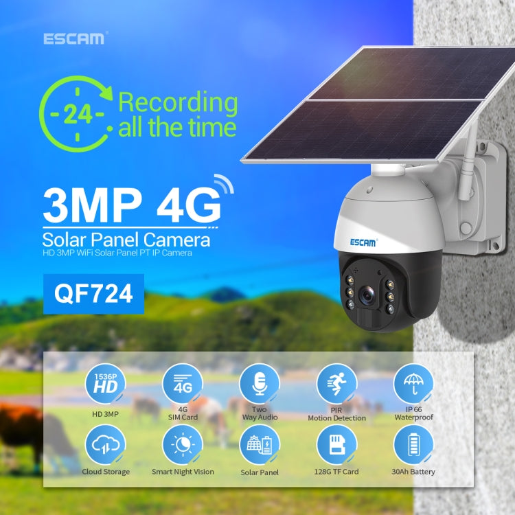 ESCAM QF724 3MP 24h Recording Cloud Storage PT 4G PIR Alarm IP Camera with Solar Panel, US Plug, EU Plug ESCAM QF724 3MP 24h Recording Cloud Storage PT 4G PIR Alarm IP Camera with Solar Panel, US Plug, EU Plug